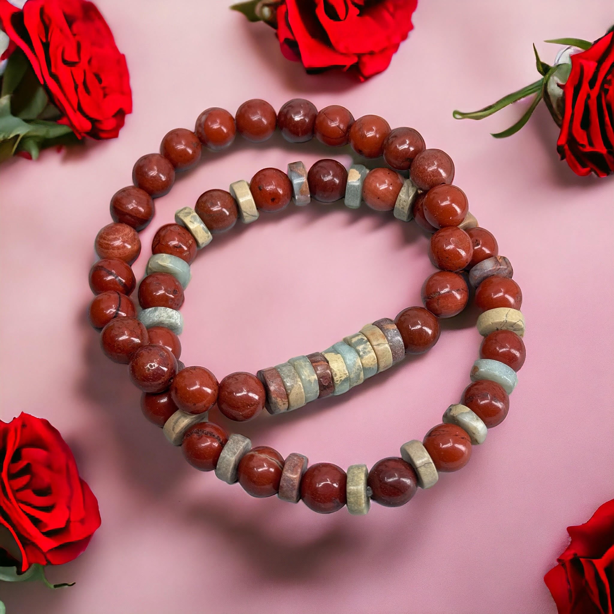 2 Bracelets: Red Jasper + Aqua Terra Beads - Red Jasper 8mm