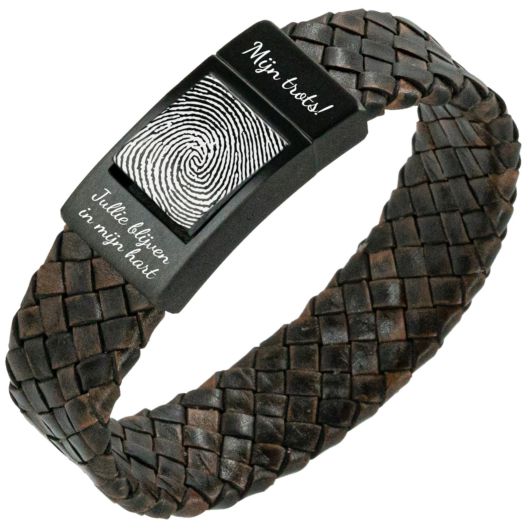 Fingerprint bracelet - <b>Brown braided</b> leather with Black link