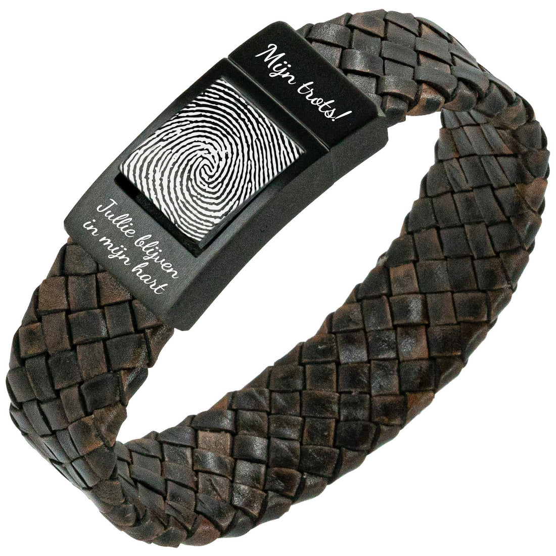 Fingerprint bracelet - <b>Black braided</b> leather