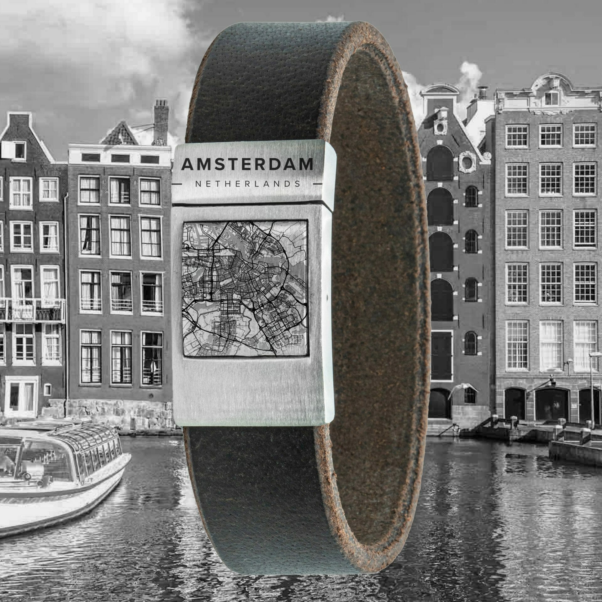 Map bracelet <b>brown</b> leather with your own city