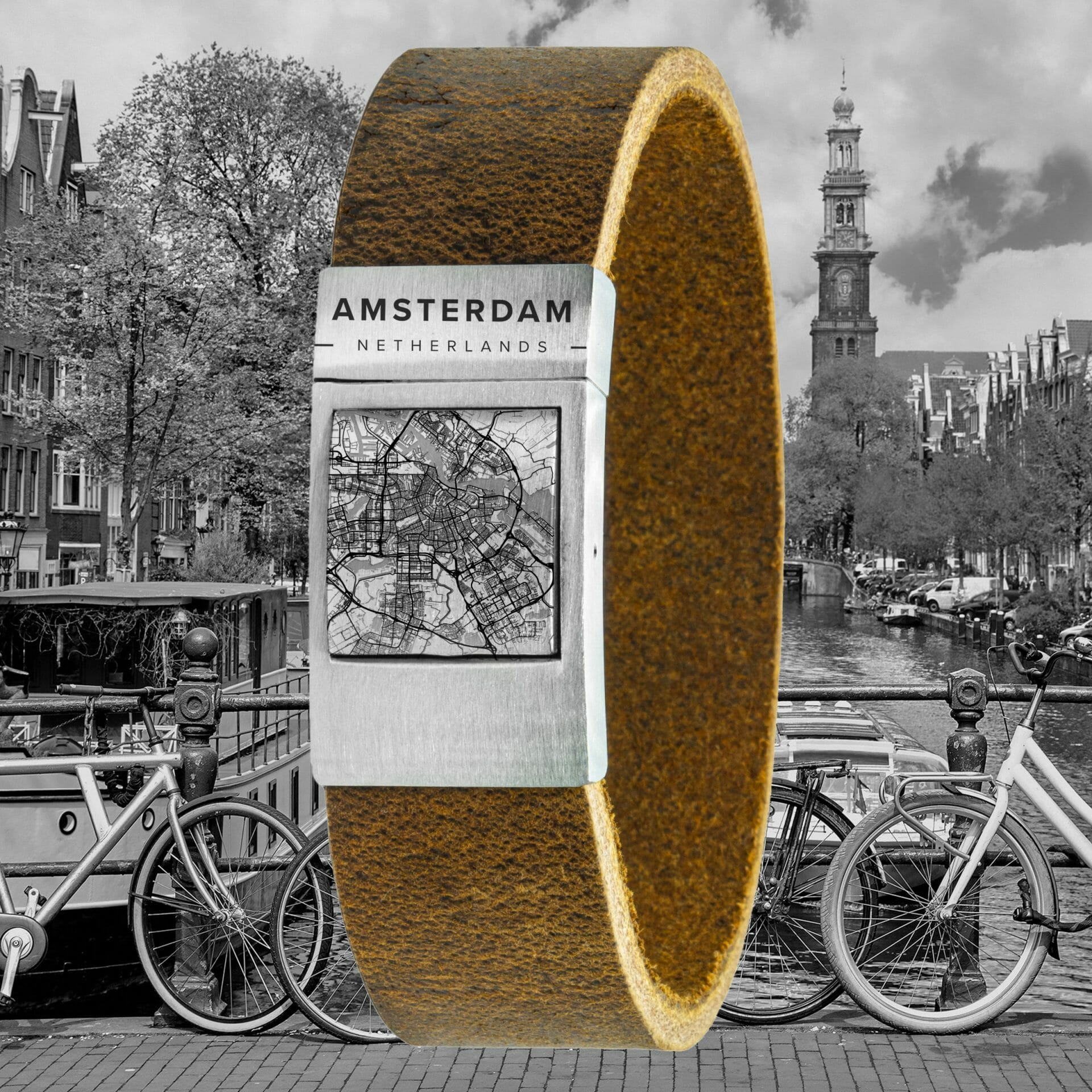 City map Bracelet Amsterdam <b>Vintage</b> leather