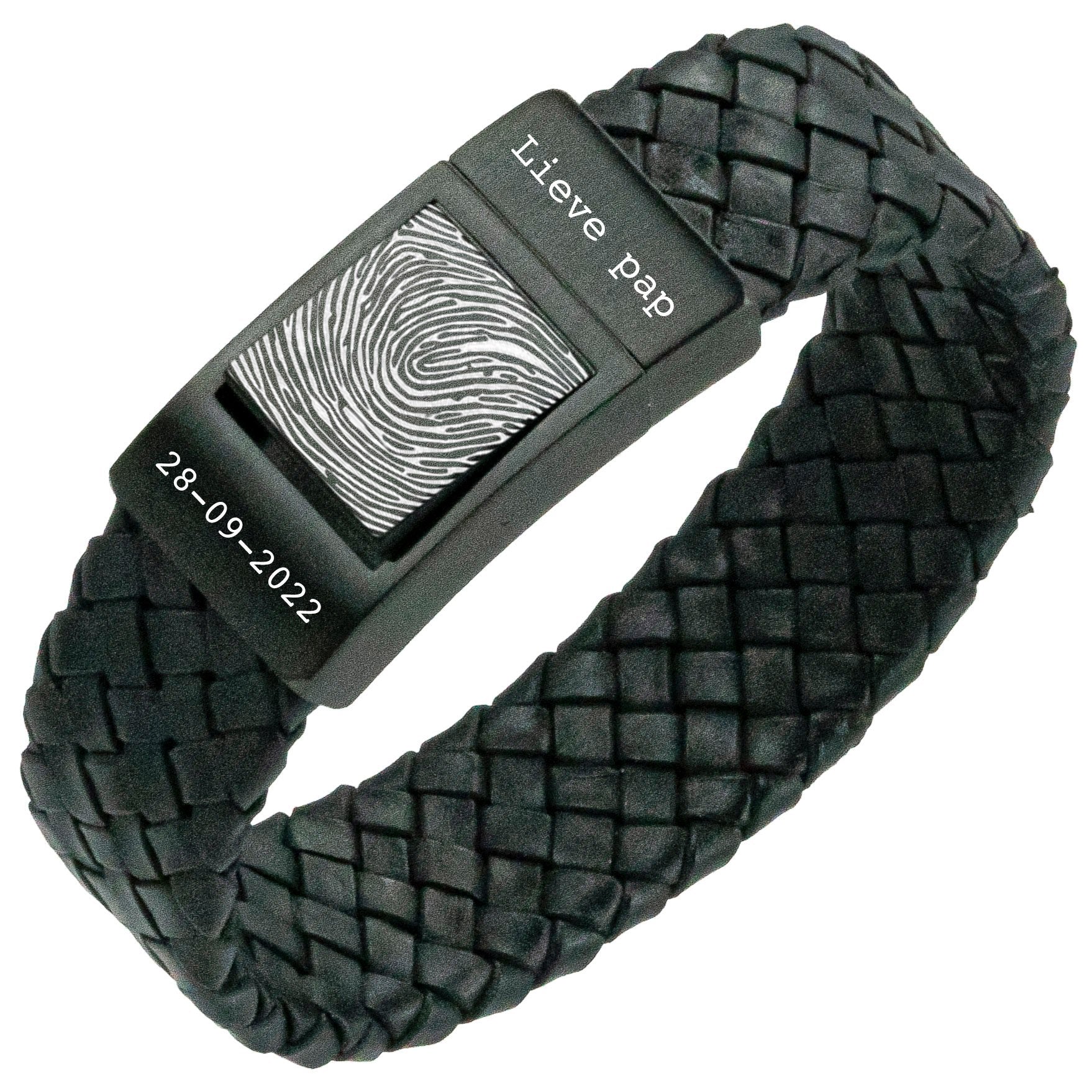 Dad Fingerprint bracelet - <b>Black braided</b> leather