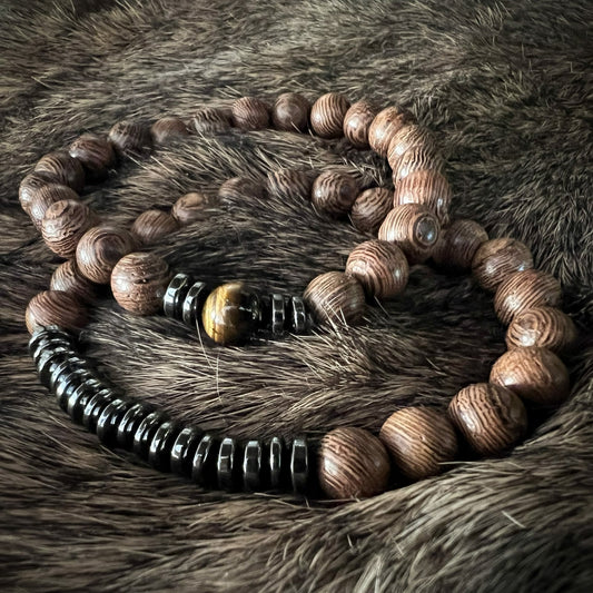 2 wooden beaded bracelets with Tiger's eye
