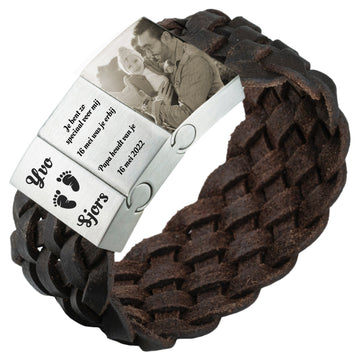 Photo bracelet braided leather in Black or Brown leather - 3 links - Own Photo on bracelet
