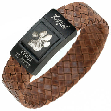 Paw print bracelet - Braided brown leather (Dog or Cat)