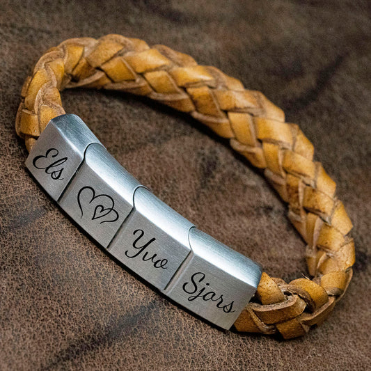 Braided 4 names bracelet - light brown leather