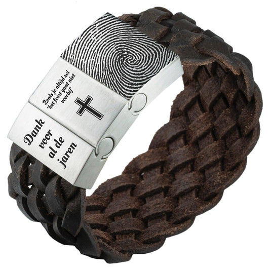 Fingerprint on your bracelet - Black or brown braided leather bracelet
